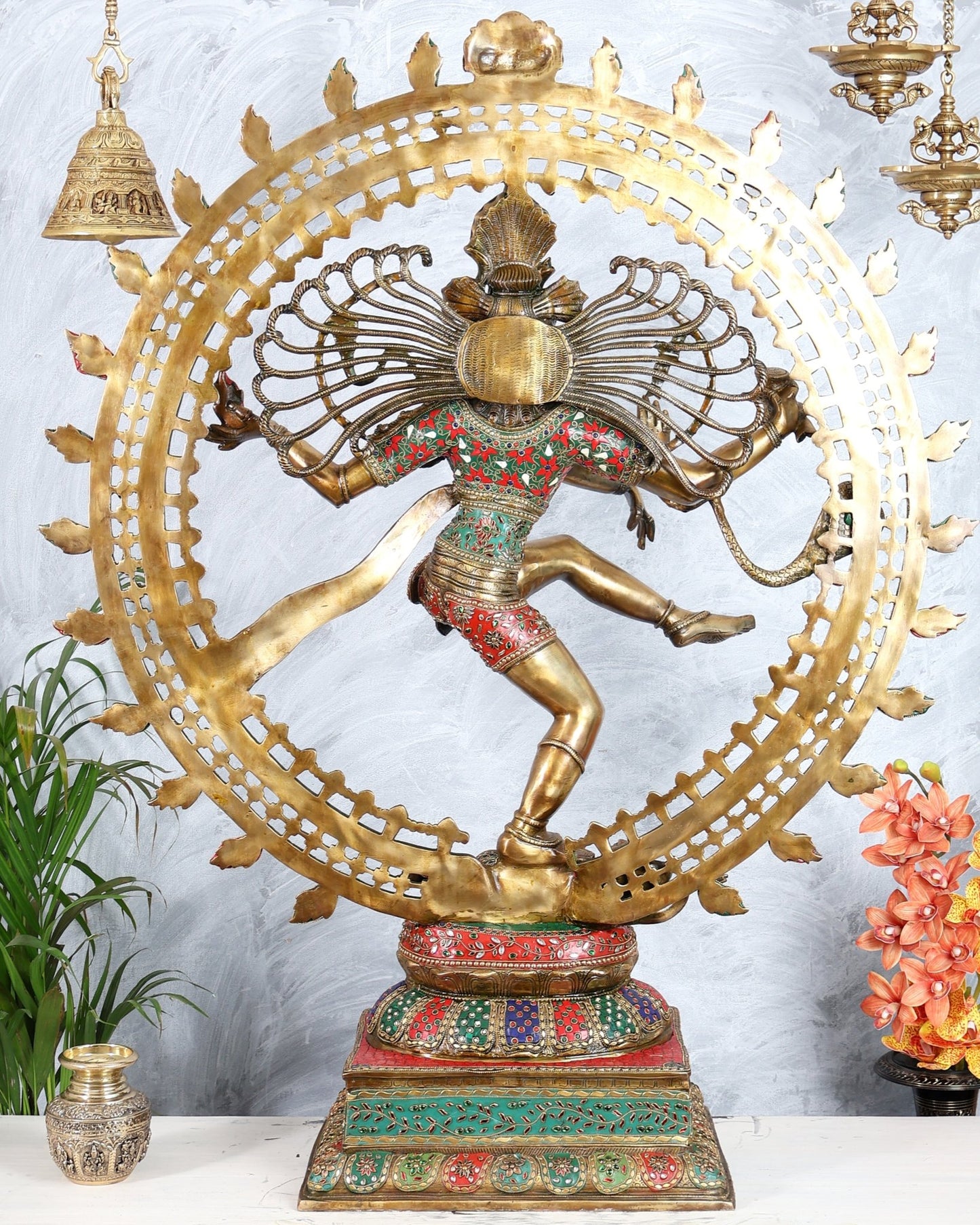 Pure Brass Large Lord Shiva as Nataraja - 47 Inch, meenakari Stonework - Budhshiv.com