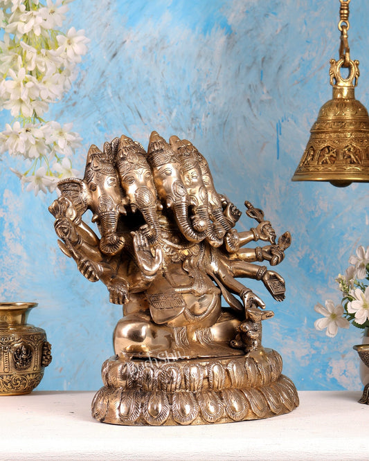 Pure Brass Large Panchmukhi Ganesha Statue 13" - Budhshiv.com