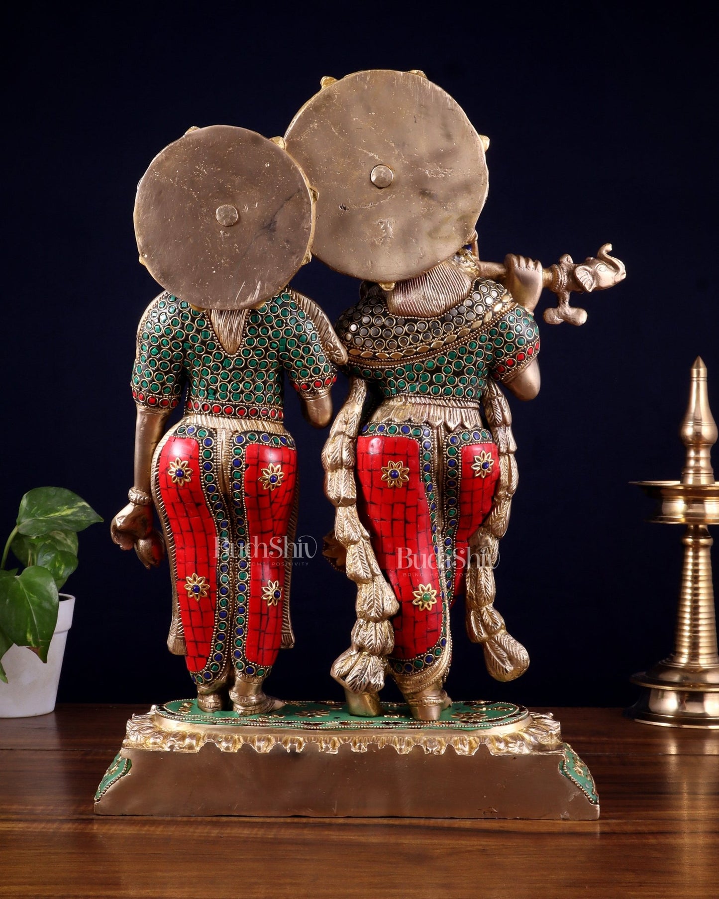 Pure Brass Large Radha Krishna Statue with Meenakari Stonework | 17 Inch - Budhshiv.com