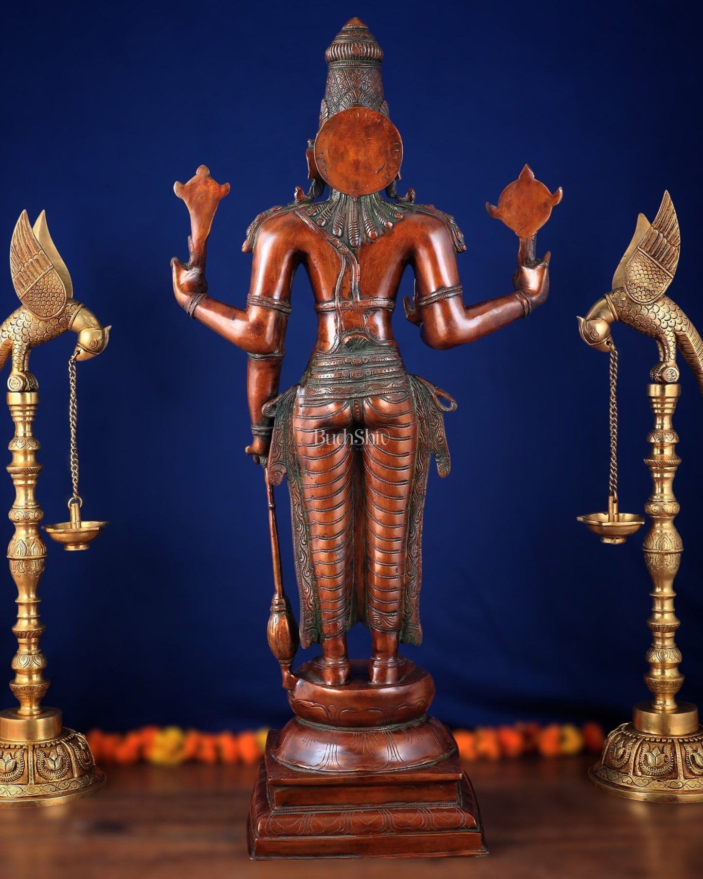 Pure Brass Large Standing Lord Vishnu Narayana Statue – Chola Dual Tone 37" - Budhshiv.com