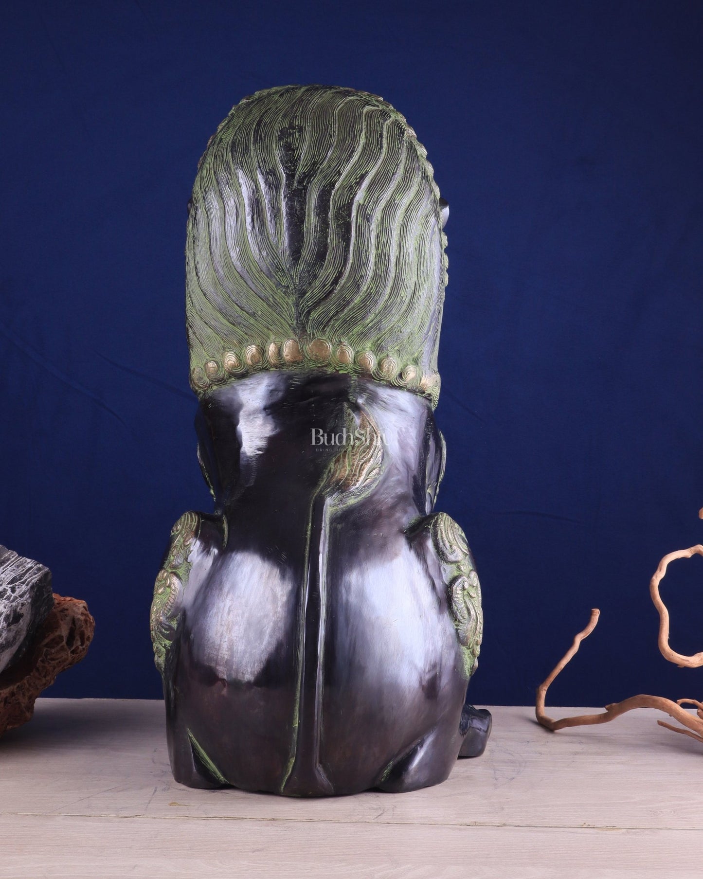 Pure Brass Large Tibetan Lion - Vintage Black - Green Tone, 21 Inches - Budhshiv.com