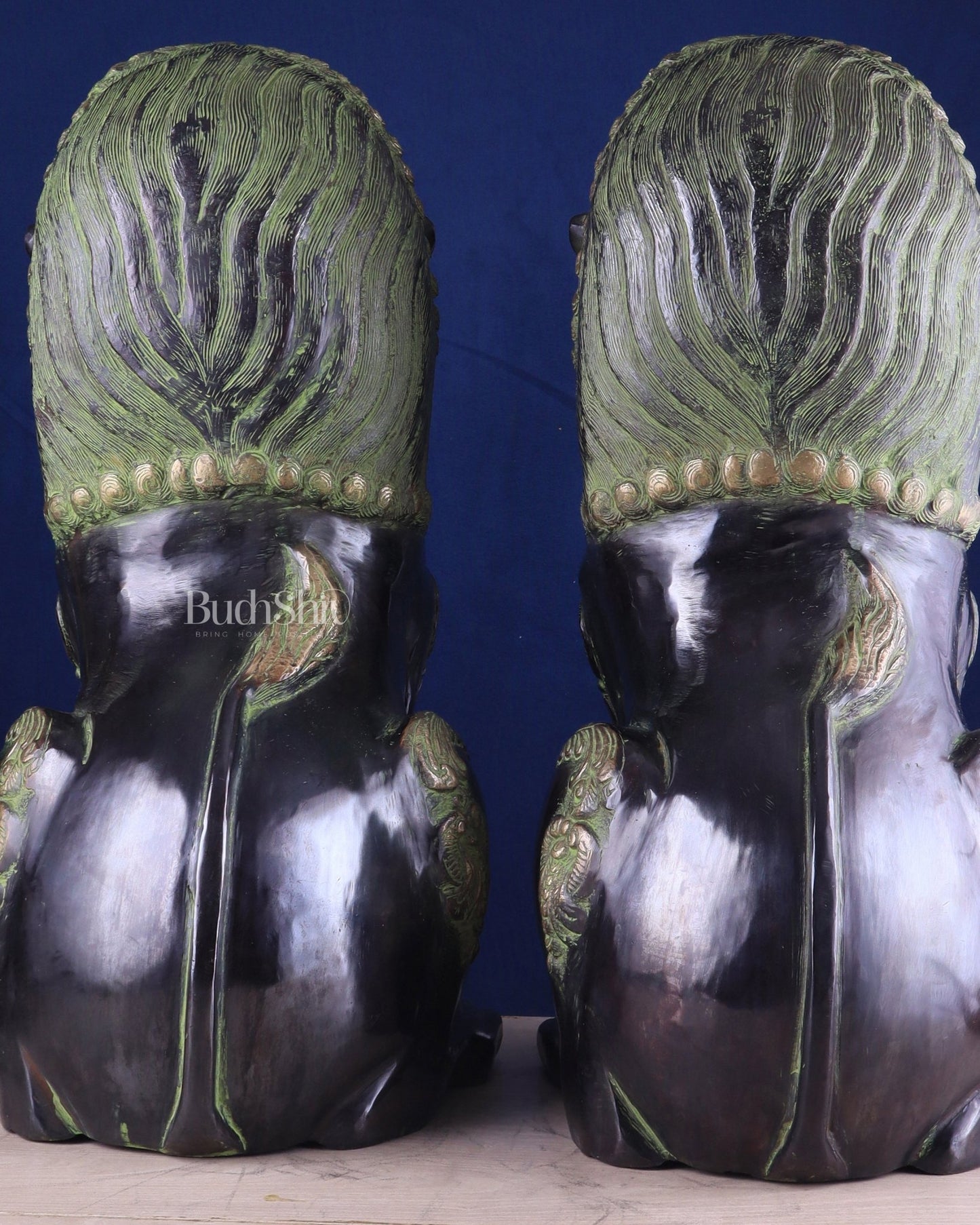 Pure Brass Large Tibetan Lions Pair - Vintage Black - Green Tone, 21 Inches - Budhshiv.com