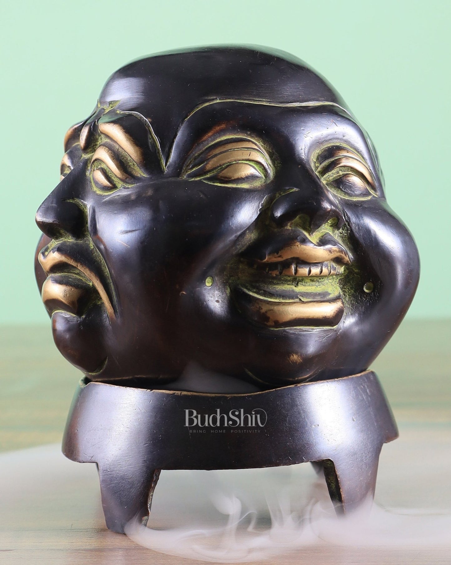 Pure Brass Laughing Buddha Dhoop Burner Showpiece – Antique Black Green Patina 5" - Budhshiv.com