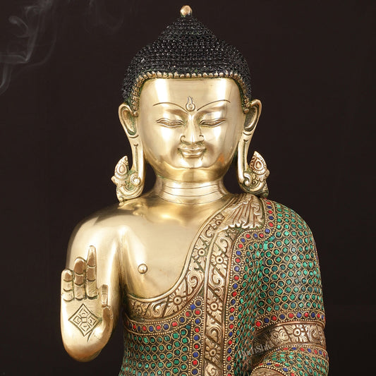 Pure Brass Lord Buddha in Blessing Mudra with Meenakari Stonework - Handcrafted Statue - Budhshiv.com