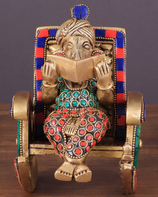 Pure Brass Lord Ganapati Seated on a Swinging Chair Idol Showpiece 6.5" with stonework - Budhshiv.com
