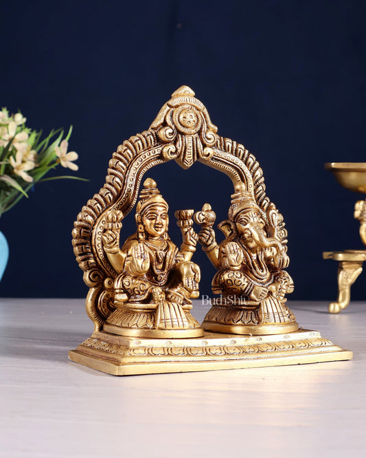 Pure Brass Lord Ganesha and Lakshmi Seated Together Idol - 5.5" - Budhshiv.com
