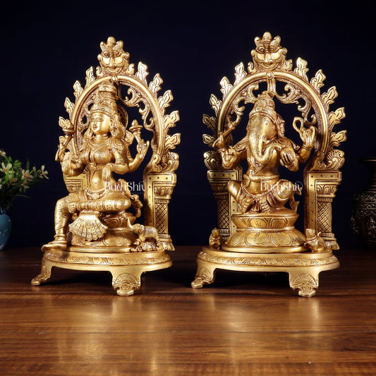 Pure Brass Lord Ganesha & Goddess Lakshmi Idol Pair with Prabhavali | 12 Inch - Budhshiv.com