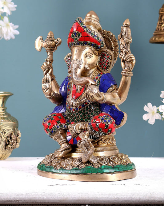 Pure Brass Lord Ganesha Highly Detailed Statue | 12 Inch with stonework - Budhshiv.com