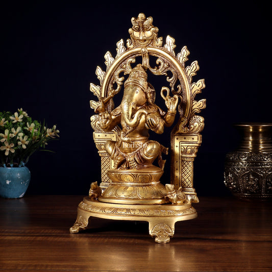 Pure Brass Lord Ganesha Idol with Prabhavali | 12 Inch - Budhshiv.com