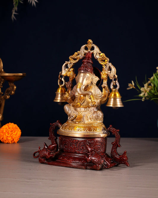 Pure Brass Lord Ganesha Idol with Prabhavali, Vahan & Hanging Bells – Dual Tone 8.2" - Budhshiv.com