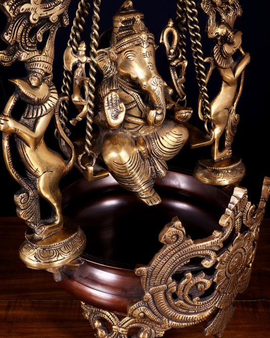 Pure Brass Lord Ganesha on a Swing Urli – Dual Tone Finish 20" - Budhshiv.com