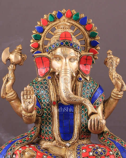 Pure Brass Lord Ganesha on Lotus statue | 11 Inch meenakari - Budhshiv.com