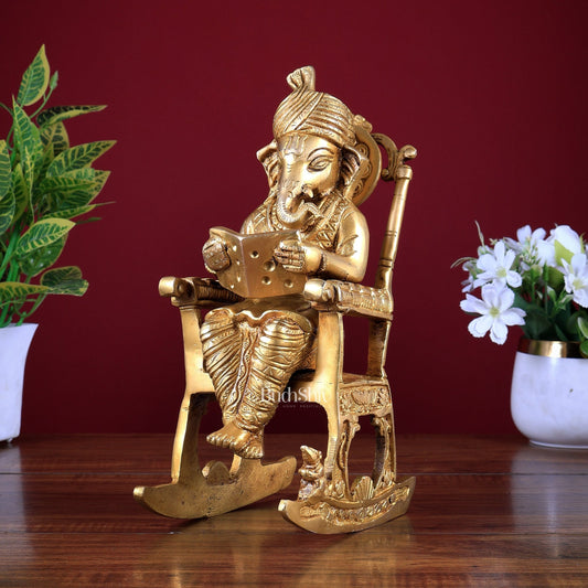 Pure Brass Lord Ganesha on Rocking Chair – Medium Size Idol & Showpiece 11 inch - Budhshiv.com