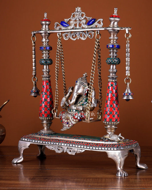 Pure Brass Lord Ganesha on Swing 16 Inch with stonework - Budhshiv.com