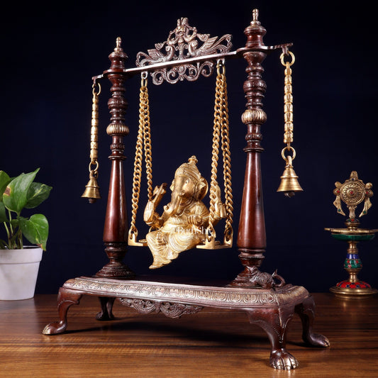 Pure Brass Lord Ganesha on Swing | Superfine Quality | 16 Inch dual tone - Budhshiv.com