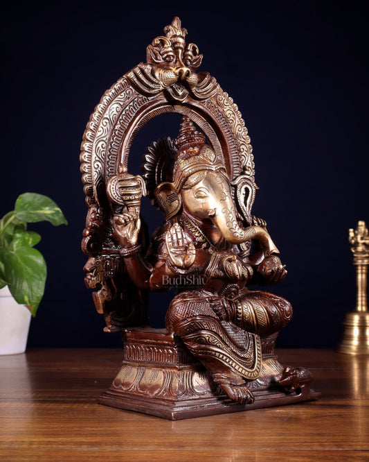 Pure Brass Lord Ganesha on Throne – Dual Tone Finish 12 inch - Budhshiv.com