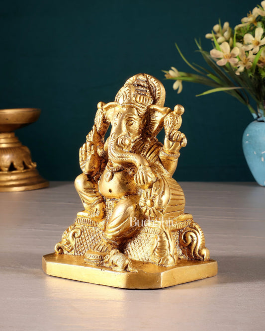 Pure Brass Lord Ganesha on Throne Statue – 5" Small Size for Pooja Room or Gifting - Budhshiv.com