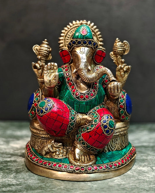 Pure Brass Lord Ganesha on throne statue 7.5" - Budhshiv.com