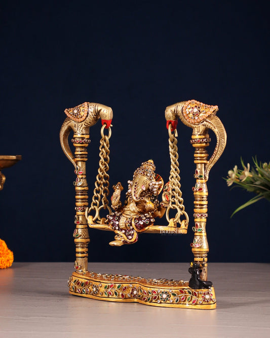 Pure Brass Lord Ganesha on Twin Parrot Swing with Laakh Meenakari 8" - Budhshiv.com