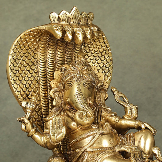 Pure Brass Lord Ganesha Resting on Sheshnaag – 10" x 9" x 5.5" | Divine & Artistic Idol - Budhshiv.com