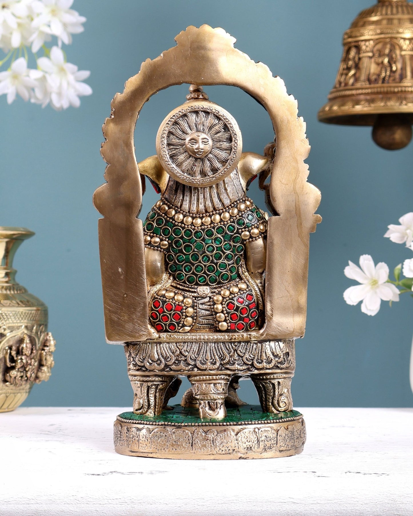 Pure Brass Lord Ganesha Seated on a Throne Statue 10" with stonework - Budhshiv.com