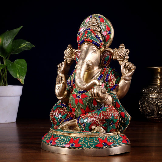 Pure Brass Lord Ganesha Statue – Unique Floral Stonework (8 Inch) - Budhshiv.com