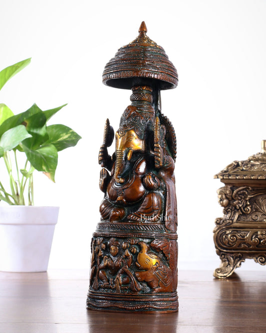 Pure Brass Lord Ganesha Statue with Gajalakshmi Carvings – Copper Tone Finish - Budhshiv.com