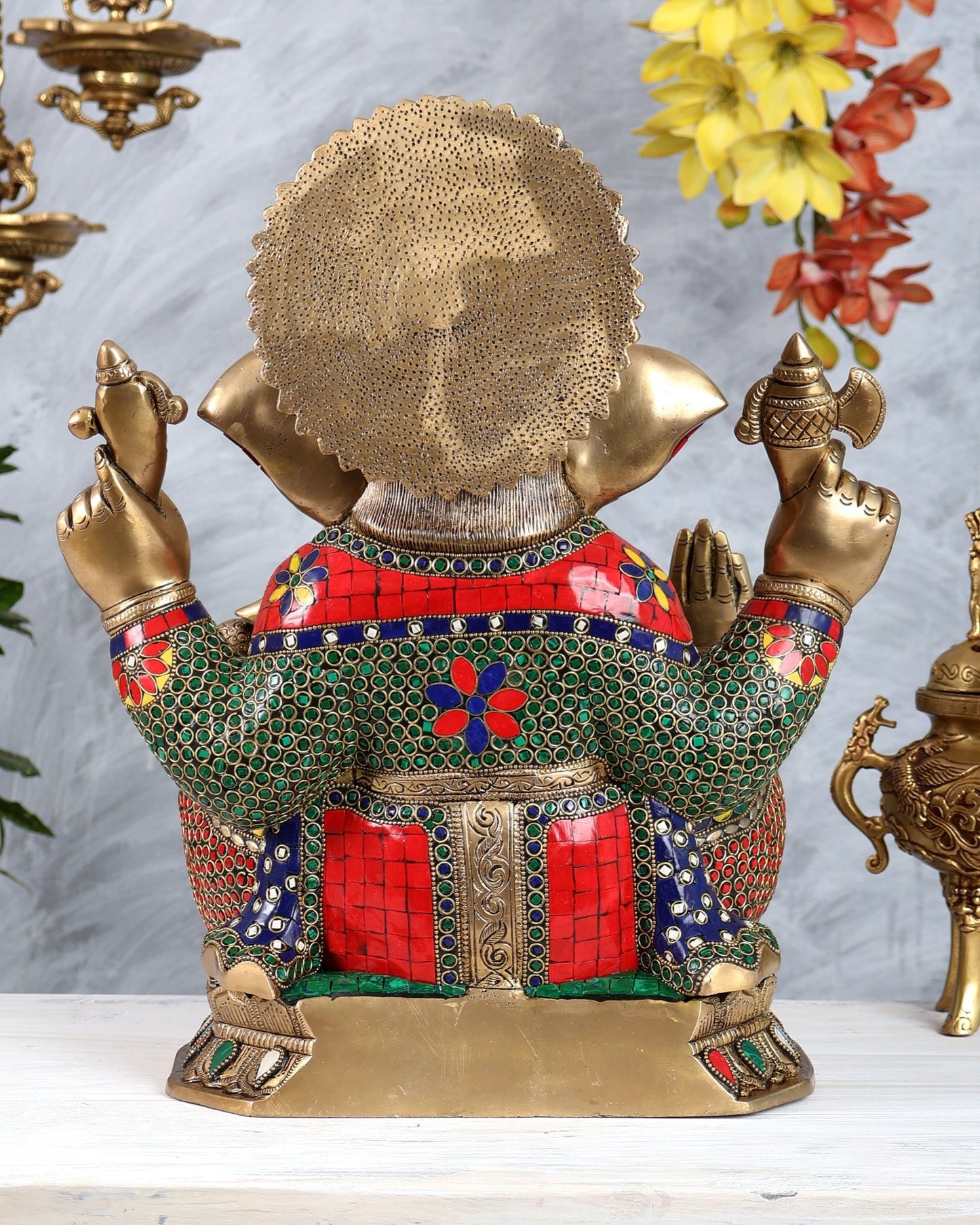 Pure Brass Lord Ganesha Statue with Stonework 15.5 inch - Budhshiv.com