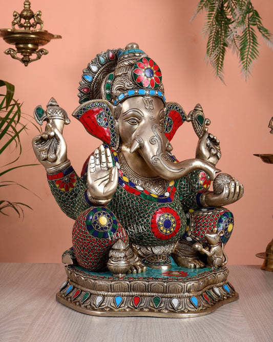 Pure Brass Lord Ganesha Statue with Stonework 15.5 inch - Budhshiv.com