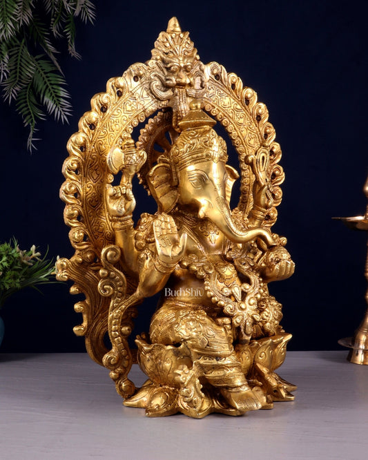 Pure Brass Lord Ganesha with Prabhavali Arch Statue – Fine Quality 15 inch - Budhshiv.com