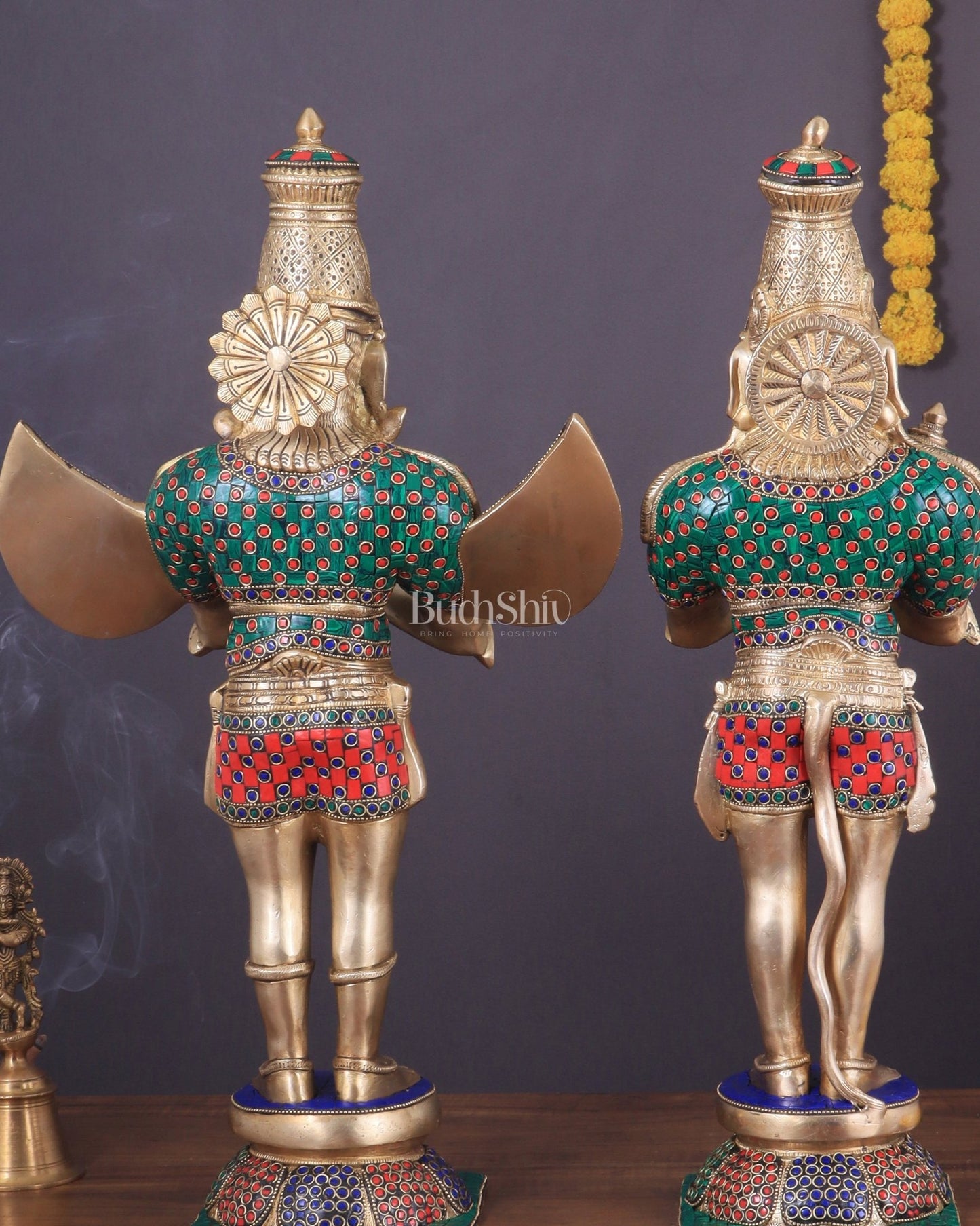 Pure Brass Lord Hanuman and Garuda Statue pair 22" meenakari - Budhshiv.com