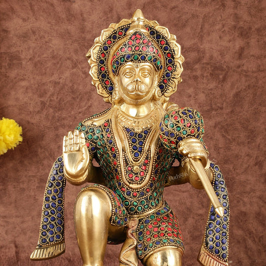 Pure Brass Lord Hanuman Statue with Stonework - 12" - Budhshiv.com