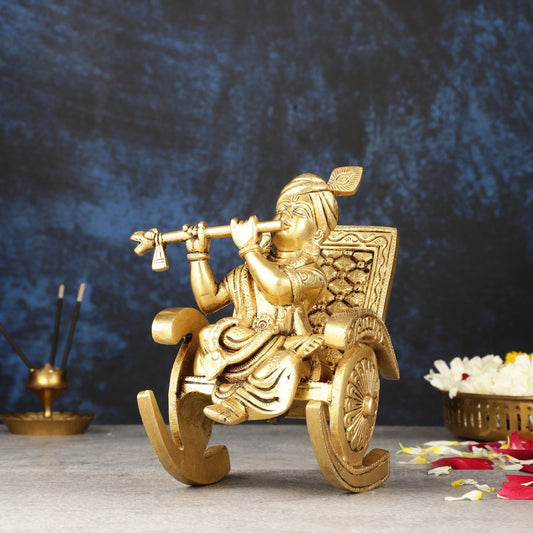 Pure Brass Lord Krishna Seated on Swinging Chair Idol Showpiece | 7" - Budhshiv.com