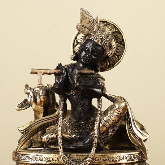 Pure Brass Lord Krishna Sitting with Cow Idol 8.5" black - Budhshiv.com