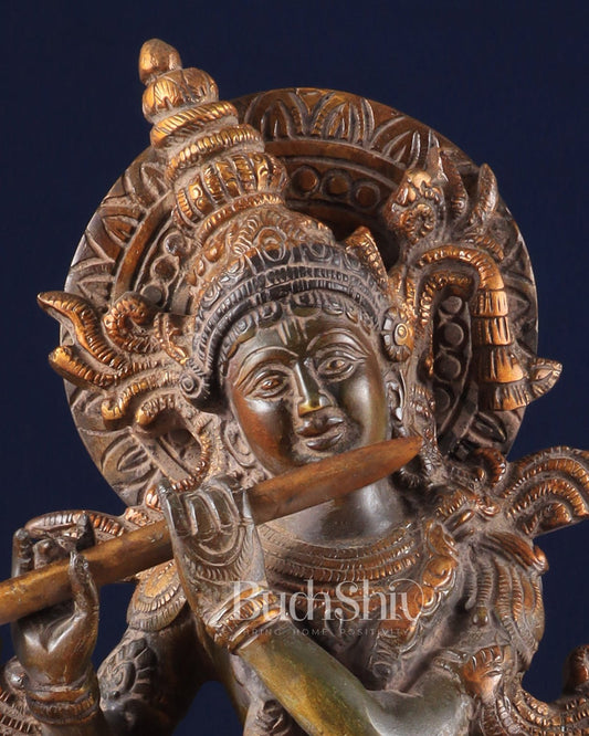 Pure Brass Lord Krishna Statue – 12" x 5.6" x 2.6" | Antique Sand Patina Finish - Budhshiv.com