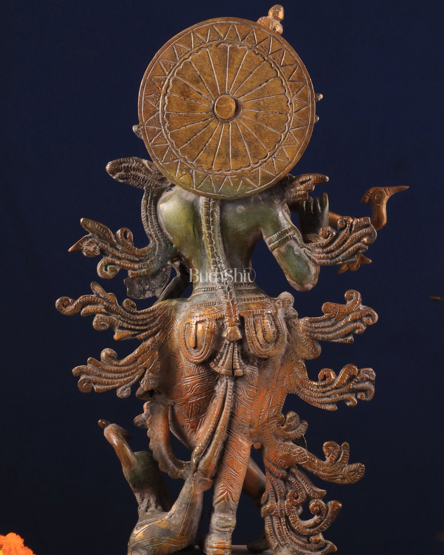 Pure Brass Lord Krishna Statue – 12" x 5.6" x 2.6" | Antique Sand Patina Finish - Budhshiv.com