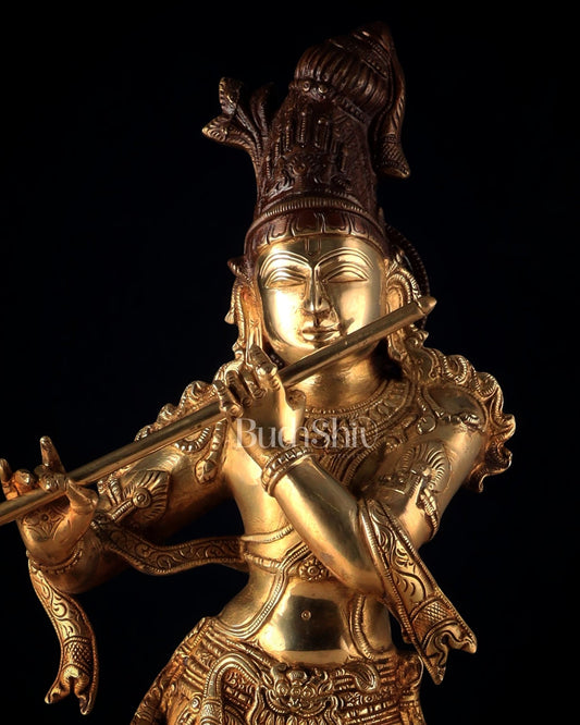 Pure Brass Lord Krishna Statue dual tone 22 inch - Budhshiv.com