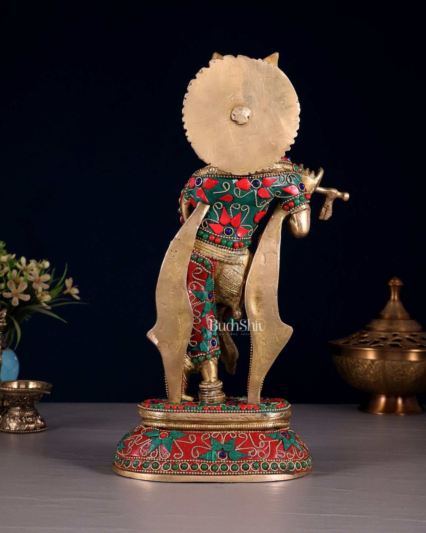 Pure Brass Lord Krishna Statue with Floral Stonework 11.5" - Budhshiv.com