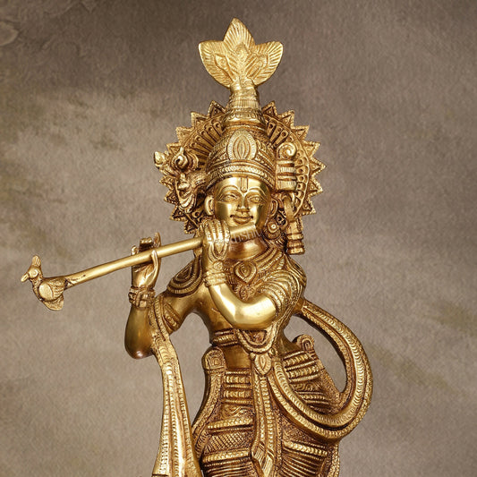 Pure Brass Lord Krishna Unique Statue | 15.5" - Budhshiv.com