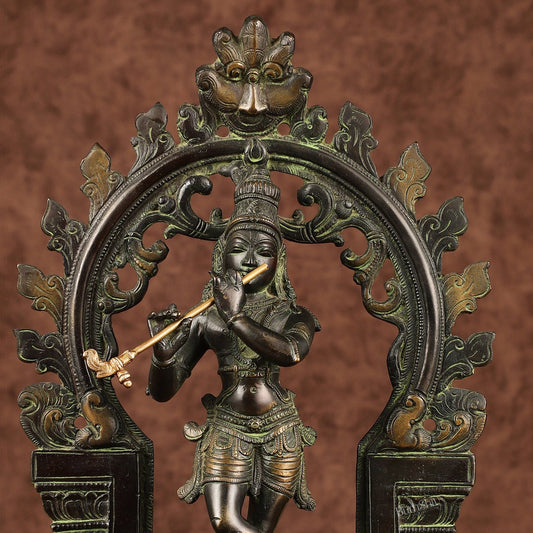 Pure Brass Lord Krishna with Celestial Aura Prabhavali Idol 12.5" - Budhshiv.com