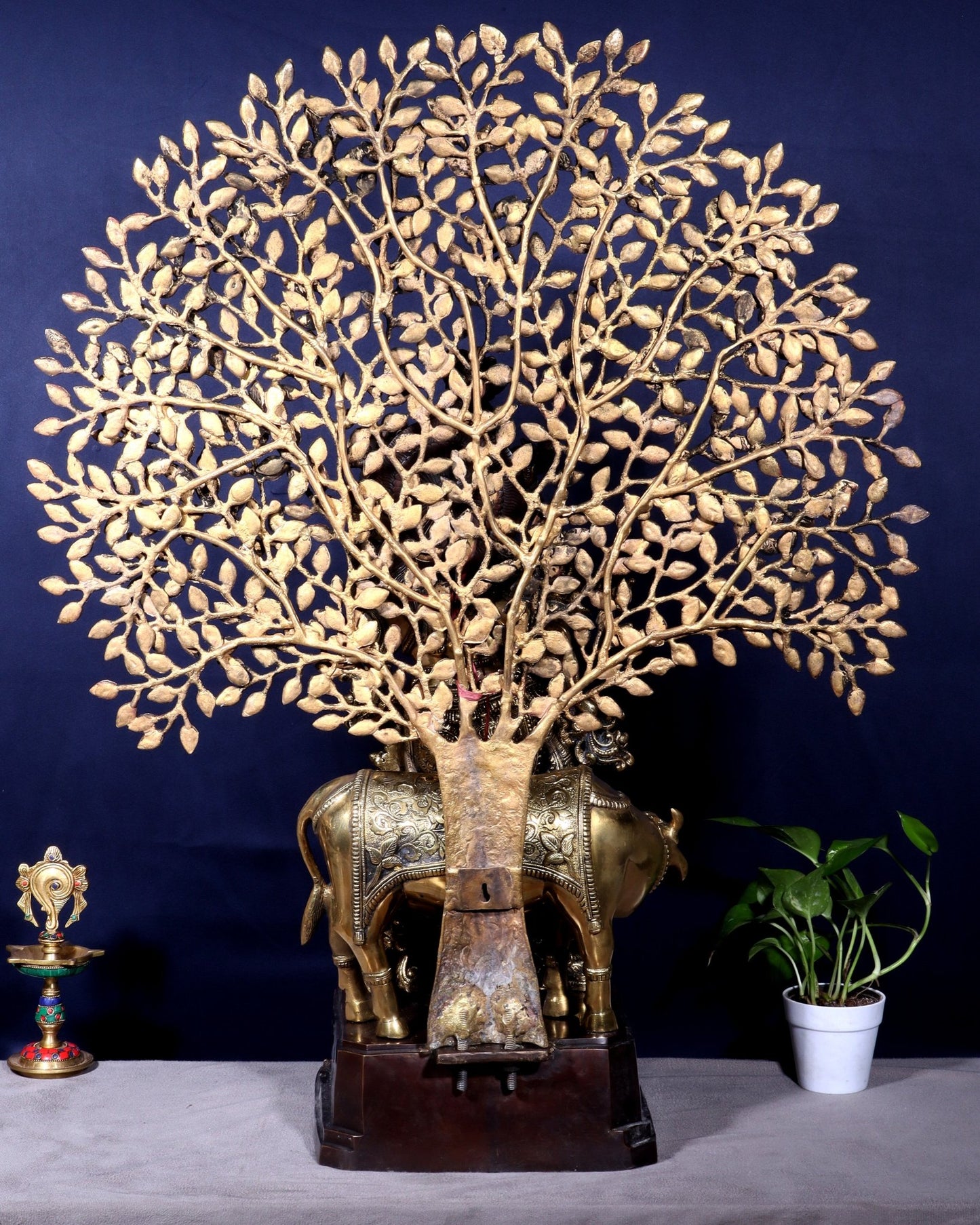 Pure Brass Lord Krishna with Cow and Kalpavriksha Tree – Large Idol 39" - Budhshiv.com