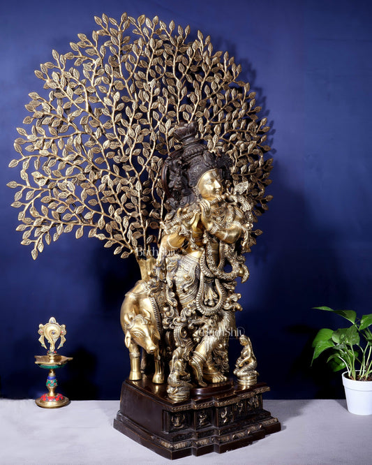 Pure Brass Lord Krishna with Cow and Kalpavriksha Tree – Large Idol 39" - Budhshiv.com