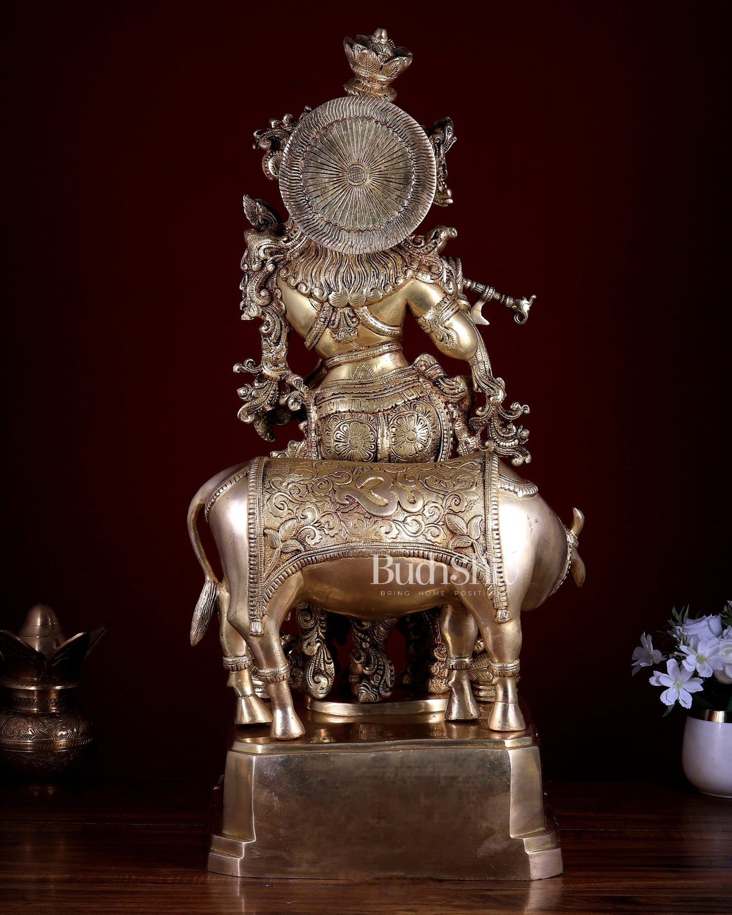 Pure Brass Lord Krishna with Cow – Grand Sculpture with Krishna Leela Base 29 inch - Budhshiv.com