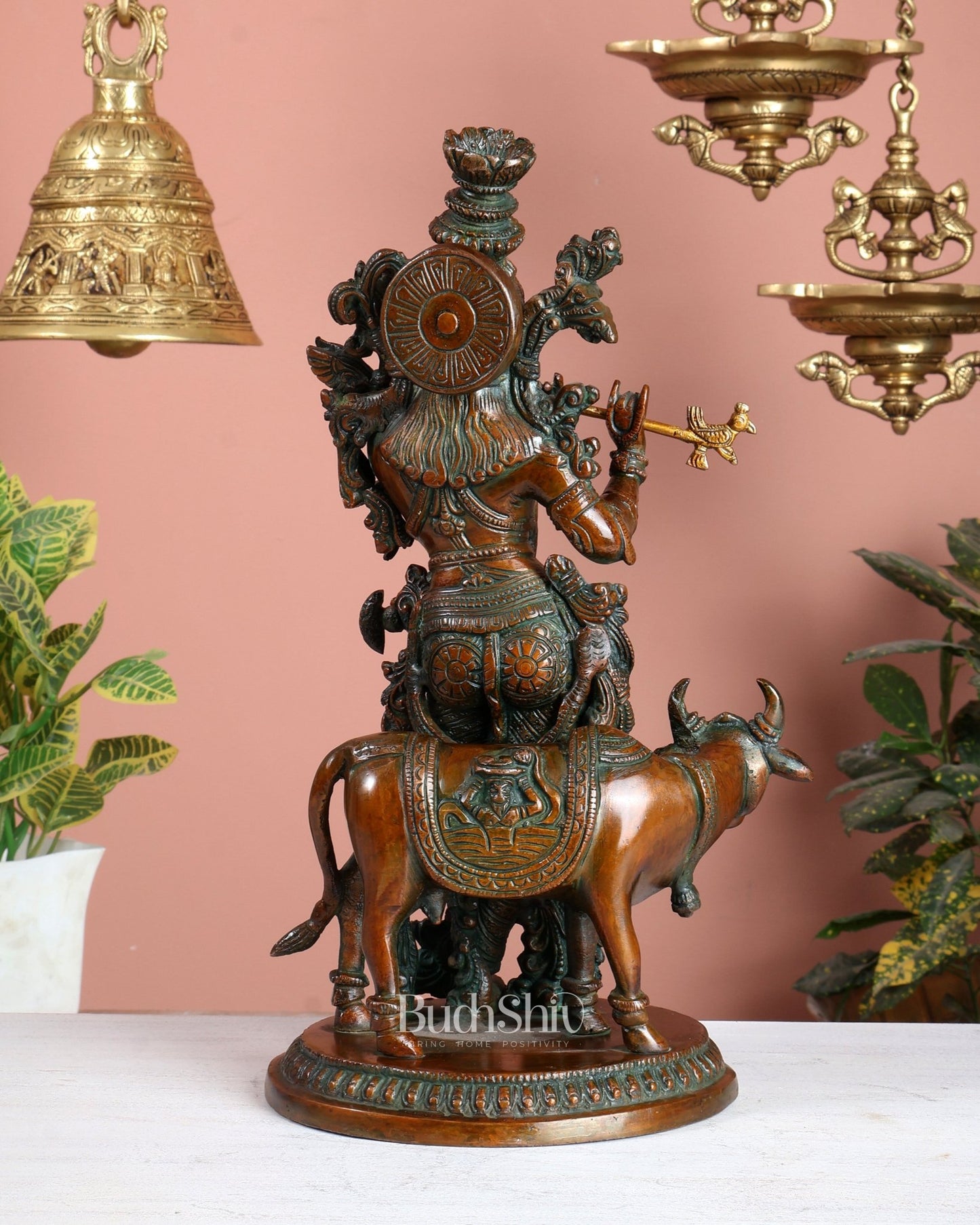 Pure Brass Lord Krishna with Cow Statue – Double Chola Tone 13 inch - Budhshiv.com