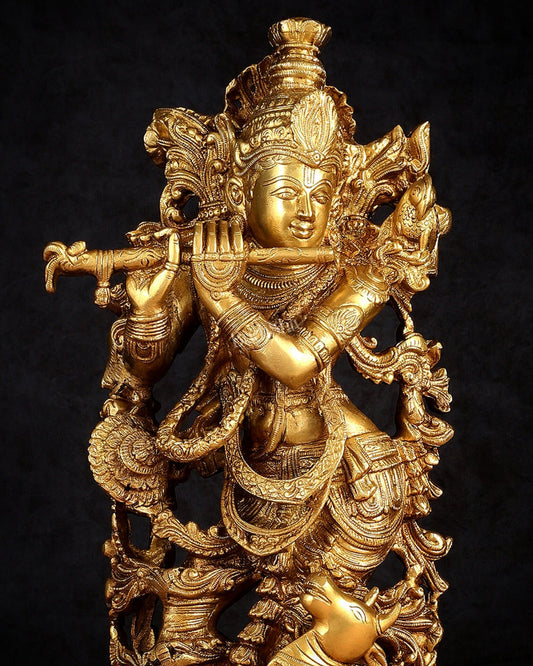Pure Brass Lord Krishna with Jumping Cow Statue - 18" - Budhshiv.com