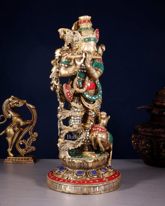 Pure Brass Lord Krishna with Jumping Cow Statue - 18" - Budhshiv.com