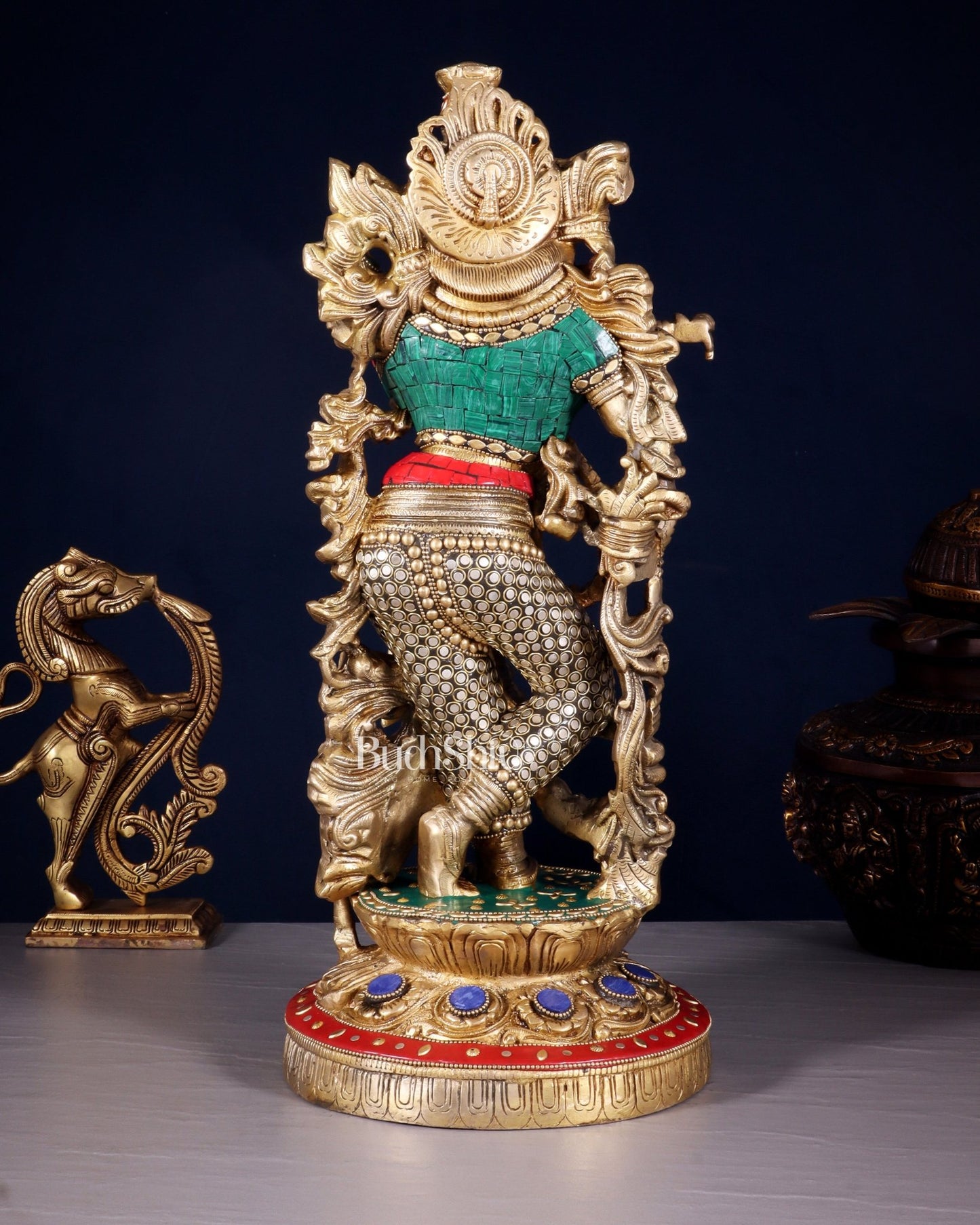 Pure Brass Lord Krishna with Jumping Cow Statue - 18" - Budhshiv.com