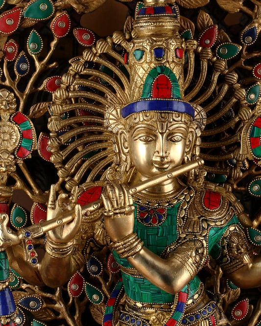 Pure Brass Lord Krishna with Kalpavriksha Tree - 28" Multicolour Meenakari - Budhshiv.com