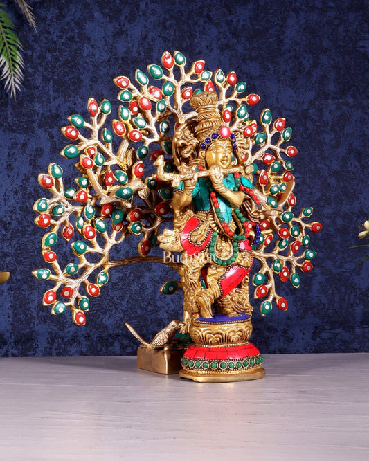 Pure Brass Lord Krishna with Kalpavriksha Tree Set – Meenakari Stonework 11" - Budhshiv.com