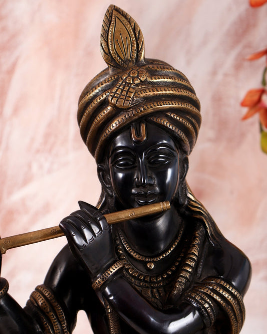 Pure Brass Lord Krishna with Turban (Pagdi) – Black Edition (29 Inches) - Budhshiv.com